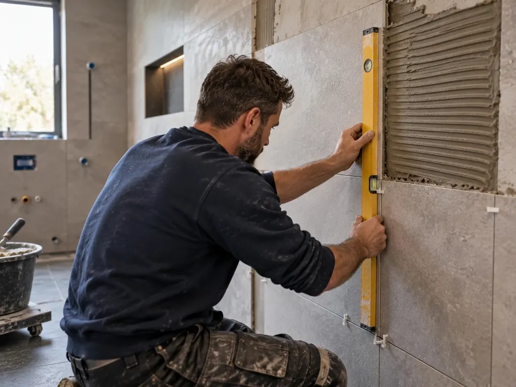 Tegelzetter zet wandtegels in een badkamer