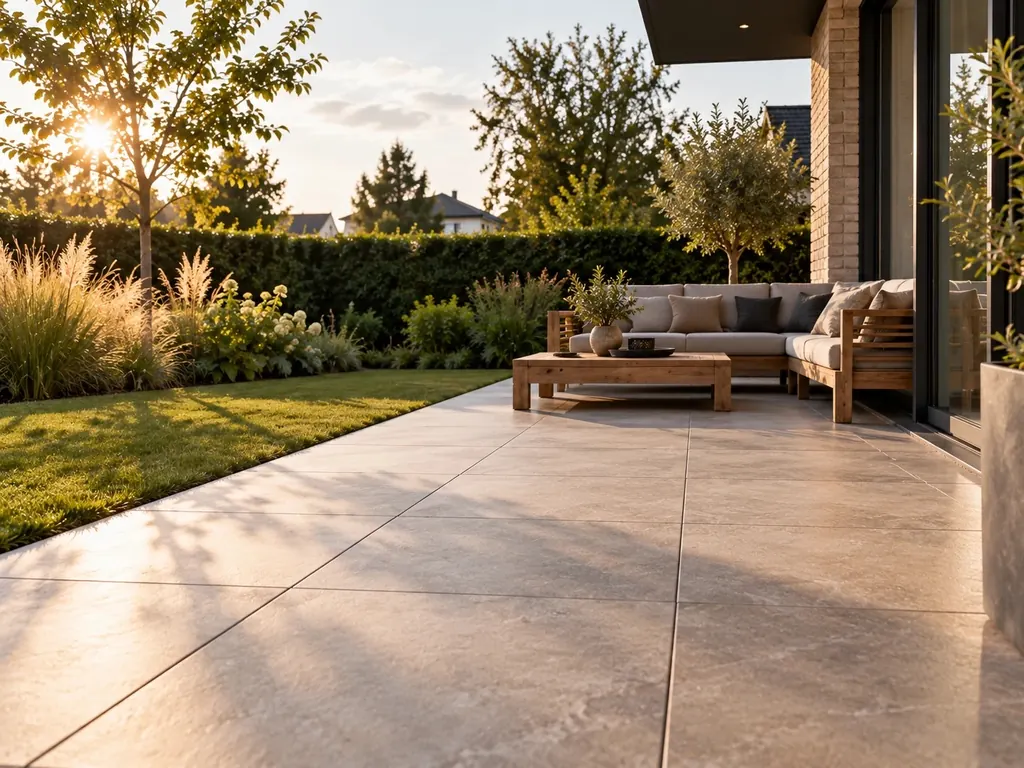 Terras met keramische terrastegels in een tuin